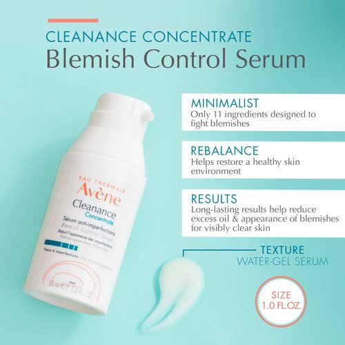 Avène Cleanance Concentrate Blemish Control Serum, clarifying water-gel, fragrance and silicone free, For acne-prone skin, airless pump, 1 fl. oz.