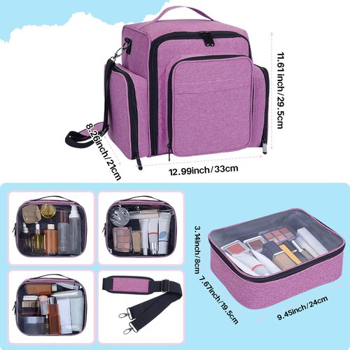 BAOMANYUHA Large Makeup Bag Cosmetic Case Organizer with 3 Inner Removable Pouches Multifunctional Travel Train Storage,Purple