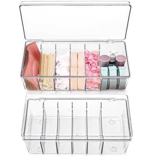 Acshio 2 Pack Lash Extension Organizer, Clear Eyelash Cart Storage Boxes with 6 Compartments, Separated Large Capacity Eyelash Extension Supplies Storage Container for Lash Techs
