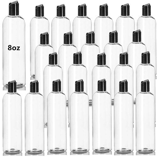 Zentriqlla 24 Pack 8oz Clear Plastic Empty Bottles, Refillable Travel Containers with Disc Top Flip Caps, Squeezable Shampoo Bottles for Toiletries Liquid Soap, Lotions, Cream, Creams, BPA Free