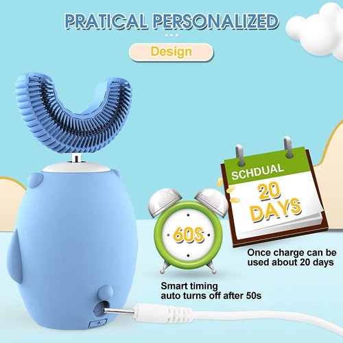 GASLIKE Kids Toothbrush Electric, U Shaped Ultrasonic Automatic Toothbrush with 2 Brush Heads, Six Cleaning Modes, Cartoon Modeling Design for Kids, Special for Birthday Gift (Blue, 2-7Age)