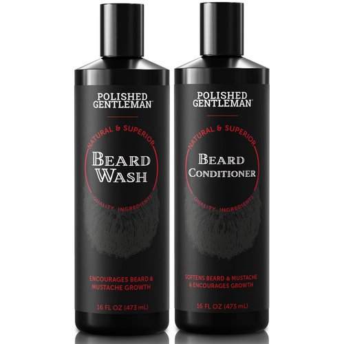 Polished Gentleman Beard Wash and Conditioner Set - Softens and Strengthens - Beard Shampoo with Growth Oil - Moisturizer & Beard Thickener - Tea Tree Unscented - Paraben-Free & Sulfate-Free (16oz)