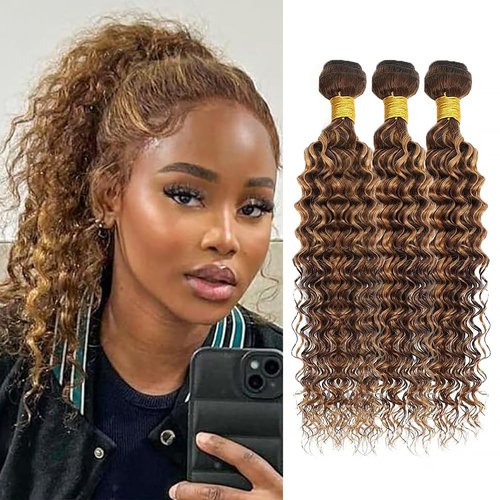 Brown Human Hair Bundles P427 Highlight Honey Blonde Deep Wave 3 Bundles Human Hair 14 16 18 Inch Double Weft Grade 12A Unprocessed Virgin Remy Hair 2 Tone #4 Mixed With Color 27 50g Per Bundle