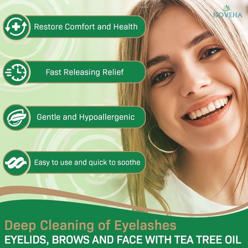 NOVEHA 120PCs Tea Tree & Coconut Oil Eyelid & Lash Wipes - For Demodex, Blepharitis & Itchy Eyes, Individually Wrapped Eyelash Wipes With Aloe Vera, Natural Makeup Remover & Daily Eye Cleanser - 2pack