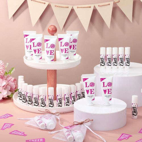 Heigble 144 Pcs Cheerleading Lip Balms Hand Cream Sets Pink Cheerleading Party Supplies Including 36 Lip Balm and Moisturizing Hand Cream 36 Organza Bags Cards and Ropes for Team Thank You Gifts