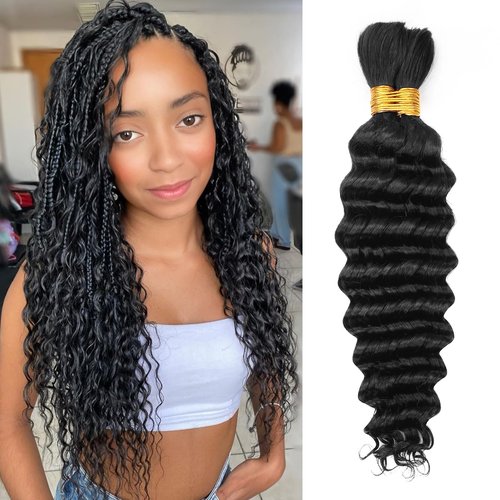Human Braiding Hair Deep Wave Bulk Human Hair,1B Black No Weft Curly Braiding Hair Extensions for Boho Braids Wet and Wavy Braiding Human Hair Bundles(18inch,1B,100g)