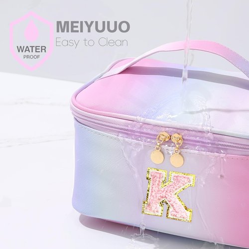 Meiyuuo Large Makeup Bag Portable Preppy Rainbow Colour Travel Pro Cosmetic Pouch Cute Cow Print Personalized Toiletry Organizer with Removable Divider for Women Initials Letter K Gradient Pink