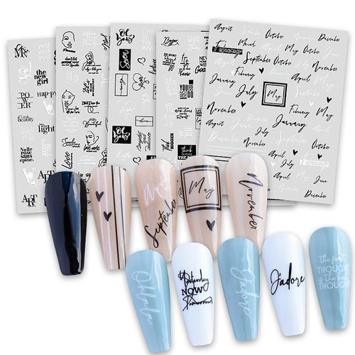XEAOHESY 6 Sheets Black White Words Nail Stickers Self Adhesive English Words Abstract Human Face Love Heart Nail Art Stickers Decals for Women Nail Art