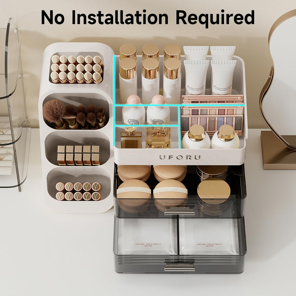 UFORU Makeup Organizer for Vanity with Brush Holder, Countertop Skincare Organizer with 2 Drawers, Spacious Cosmetic Display Case for Perfumes, Eyeshadow Palettes, Nail Polishes