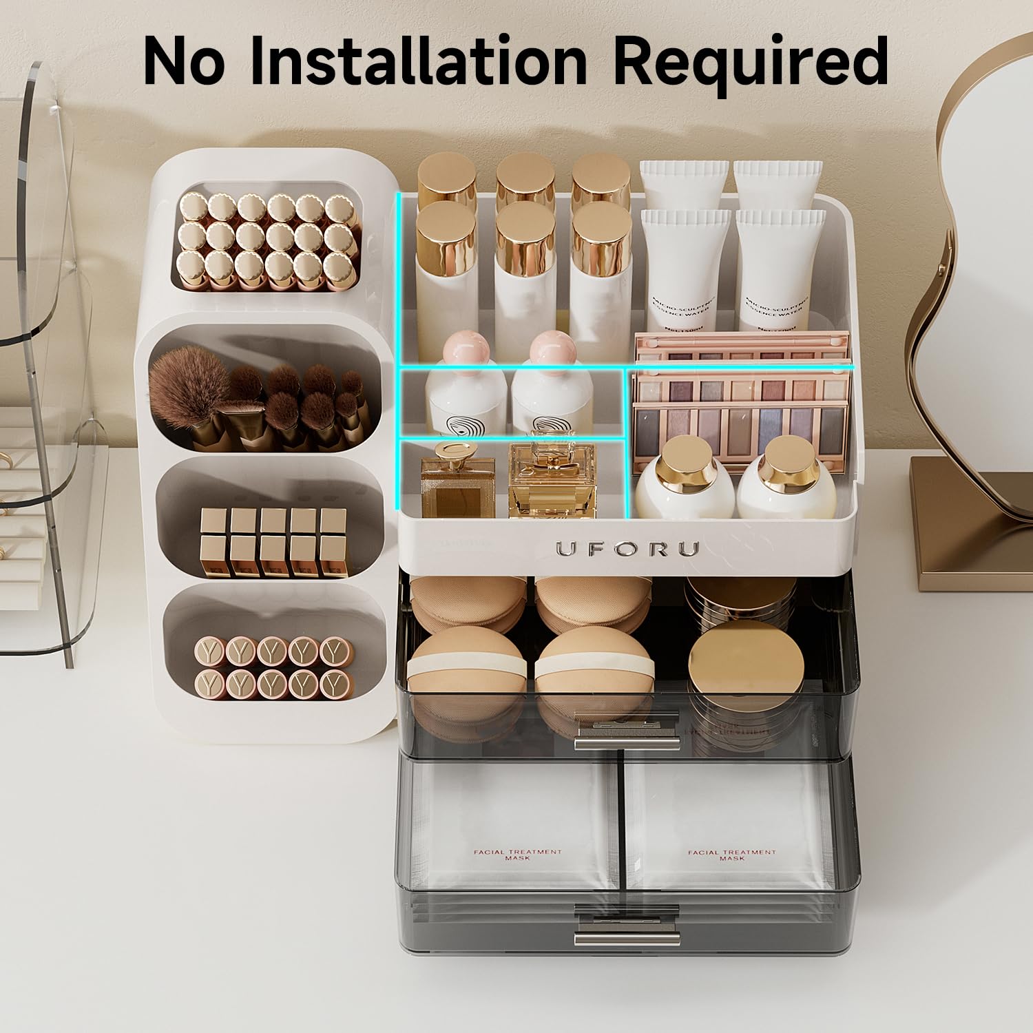 UFORU Makeup Organizer for Vanity with Brush Holder, Countertop Skincare Organizer with 2 Drawers, Spacious Cosmetic Display Case for Perfumes, Eyeshadow Palettes, Nail Polishes