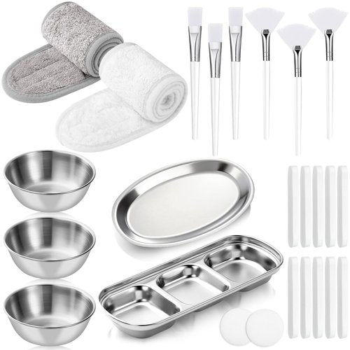 LemonRoad 25 Pcs Esthetician Facial Supplies Set, 3 Stainless Steel Mixing Bowls, 2 Serving Trays, 6 Brushes, 2 Hairbands, 12 Compressed Sponges for Women Facial Mask Spa Home Use (Silver)