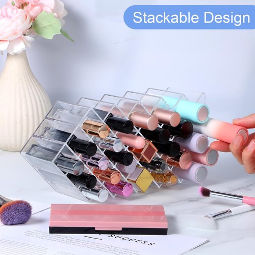 wutfuooo 3 Pack Clear Lipstick Organier, Acrylic Lipstick Holder 28 Slots, Lip Gloss Organier, Stackable Fish Shape Lipstick Tower, Lipstick Display Case for Lipstick