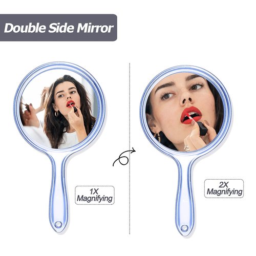 Jetec Double Sided Handheld Mirror - 1X/ 2X Magnifying Mirror with Handle - Rounded Shape Makeup Mirror (Blue)