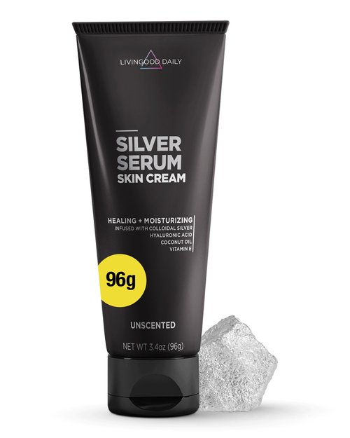Livingood Daily Silver Serum Skin Cream, Moisturizing Body Cream with Colloidal Silver, Hyaluronic Acid, Coconut Oil & Vitamin E, Unscented Body Moisturizer for Dry Skin, Women & Men, 3.4 Oz