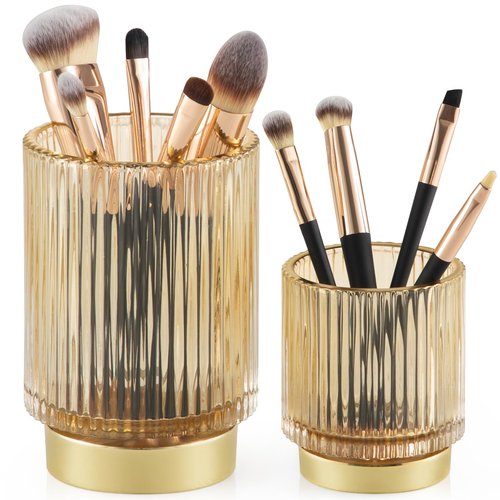 CANITORON Makeup Brush Holder,2 Pack Glass Makeup Brush Holder Organizer Store Cosmetic Tools,Eyeliner,Storage Organizer for Vanity,Bathroom and Bedroom Countertop Storage.(Amber S+L)