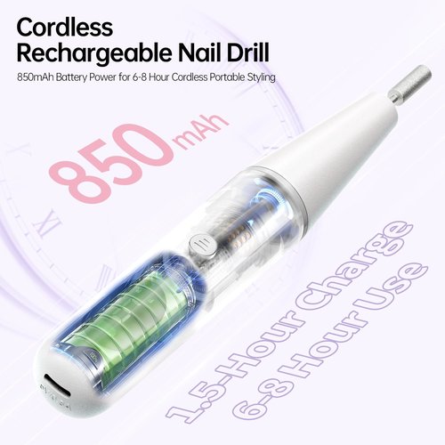 Electric Nail Drill Kit Professional - 9 Speed Cordless Electric Nail File with LED Display, Portable Nail Drill Machine for Acrylic Gel Nails, Hand Feet Trimmer Buffer Tool for Women Men Baby White