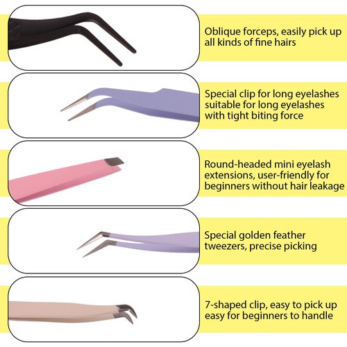 5 Pack Lash Extension Tweezers, High Precision Stainless Steel Eyelash Extension Tweezers, Lashes Versatile Beauty Tool Ideal for Eyebrow Shaping, Facial Hair Removal, Volume