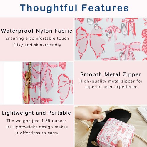 RSRSLEII Small Waterproof Nylon Makeup Bag with Bow Pattern, Aesthetic Cosmetics Pouch and Toiletry Bag for Travel, Cute Makeup Organizer Storage Pouch for Women Girls(04Red Bow)