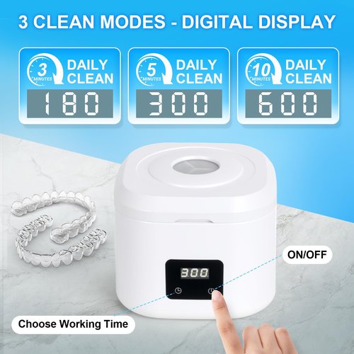 Retainer Ultrasonic Denture Cleaner Machine, 49kHz Dental Night Guard Cleaning Tablets Ultra Sonic Dental Tools for Aligner, Braces, Toothbrush Head & Jewelry with Digital Timer & 3 Mode White
