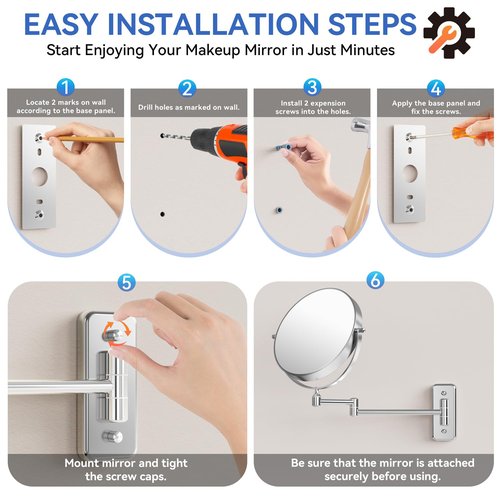 Auxmir 1X/20X Wall Mounted Makeup Mirror, 8'' 20X Magnifying Double-Sided Mirror with Tweezers, Bathroom Vanity Makeup Mirror, Cosmetic Mirror with 360 Rotation Extendable Swivel Arm, Chrome