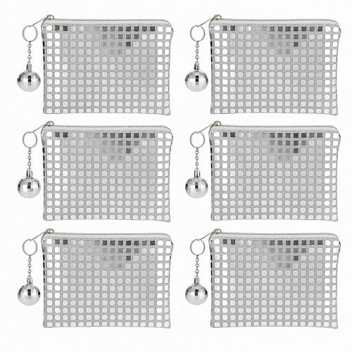 Yeehlmer 6 Pack Disco Sequin Makeup Bag for Women, Glitter Cosmetic Pouch & Party Clutch Purse, Sparkly Travel Organizer for Bachelorette, Concert, Festival, or Night Out Gifts (6, Silver)