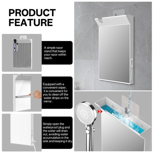 Junyaoxuan Anti-Fog Shower Mirror Fill with Hot Water for Instant Fog-Free View, No Drill Installation Shaving and Makeup Mirror with Cleaning Wiper & Razor Holder, Rust-Proof Bathroom Mirror, White