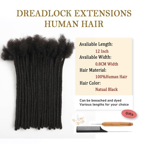 12 Inch 0.8cm Thickness Dreadlock Extensions Human Hair 30Strands 100% human hair Full handmade Loc Extensions Human Hair Can Be Curled and Bleached Dreads Extension for Men Women （ #1B）
