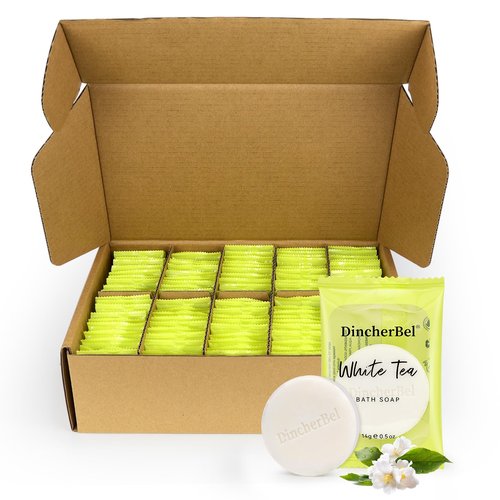 DincherBel 100 Pack 0.5oz Travel Soap, Mini Round Cleansing Bars Soap Bulk Travel Size, Individually Wrapped Toiletries Amenities for Hotel, Airbnb, Shelter, Camping and Traveling