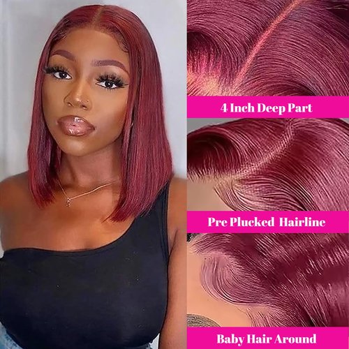 Belaved 13X4 HD Transparent 99J Burgundy Bob Lace Front Wigs Human Hair Straight Glueless Bob Wig Human Hair 14 Inch Pre Plucked Pre Cut Bob Lace Frontal Wigs with Natural Hairline for Black Women