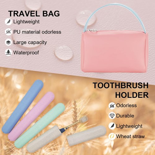 FEHNAG 4 Pack Portable Toothbrush Cases, Breathable Plastic Holders and Leather Travel Toiletry Bags, Organizers for Home, Business, Camping（pink）