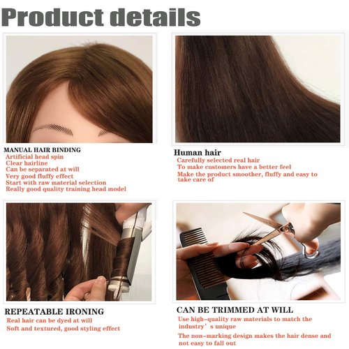 Mannequin Head with 100% Human Hair, SZCY LLC 18" Dark Brown Real Hair Cosmetology Mannequin Head Hair Styling Hairdressing Practice Training Doll Heads with Clamp Holder and Tools