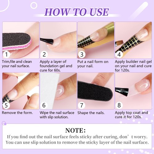 SAVILAND Builder Nail Gel Set - 2 Basic Colors Nail Extension Kit with Foundation Gel Top Gels LED Lamp Brush 100 Pcs Nails Forms at Home Salon