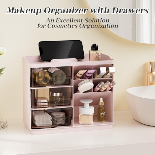 REAXYZNN Makeup Organizer with Drawers, Multi-Function Vanity Organizer Countertop, Stackable Lipstick Organizer for Makeup Brush Skincare, Pink