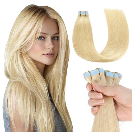 Missme Tape in Hair Extensions Human Hair 16 inch 20 Pcs 40g #613 Blonde Tape ins Human Hair Extensions Remy Hair Skin Weft Seamless Invisible Silky Straight Thick Ends Add Length