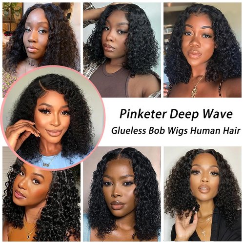 Pinketer Wear and Go Bob Wig Human Hair Deep Wave Glueless Wigs Pre Plucked Pre Cut 4x4 Lace Closure 180% Density Ready to Wear Bob Wigs for Black Women Beginner Friendly (Curly Bob Wig, 12inch)