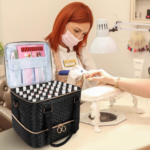 MZTXY Nail Polish Organizer Bag, 3 Layers Nail Kit Organizers and Storage Case Holds 84 Bottles(15ml/0.5fl.oz)& Nail Lamp, Large Shoulder Bag Travel Carrying Case Box for Nail Supplies