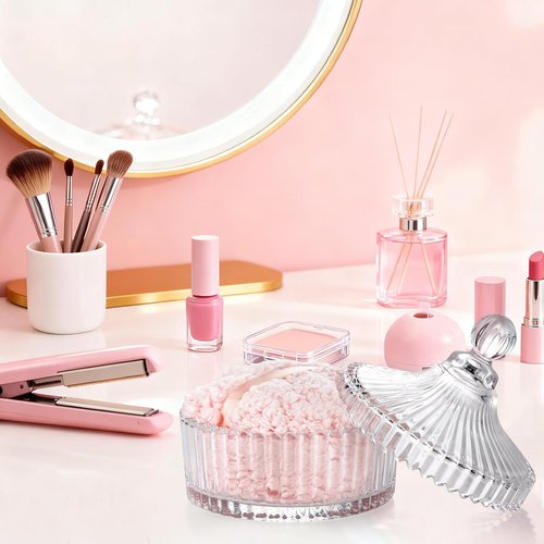 XIEJ 4 Pcs 6 In Extra Large Body Powder Puff and Container,Glass Candy Dish with Lid, Suitable for Both Dry and Wet Use, Reusable