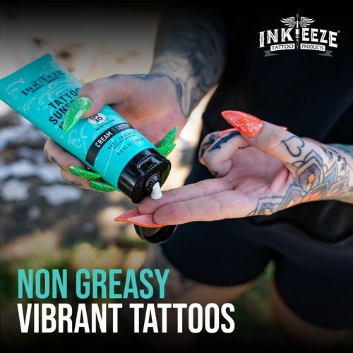 INK-EEZE Bundle: Green Tattoo Ointment 3.3oz Tube + Ink Shield Mineral Tattoo Sunscreen SPF30 3.3oz Tube