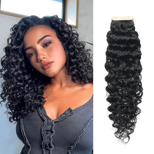 ShowJarlly Tape in Hair Extensions Human Hair 20 Pcs Curl Extensions for Women Real Hair Black Tape in Extensions Jerry Curly Tape Ins Human Hair Natural Black 16 Inch (40g)