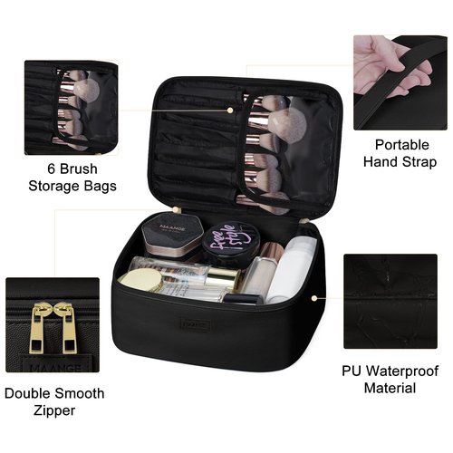 MAANGE Makeup Bag - Large Cosmetic Bag with 2pcs Small Makeup Bags Portable Leather Travel Makeup Bag Set Toiletry Bag Make Up Bags for Women and Girls (Black)