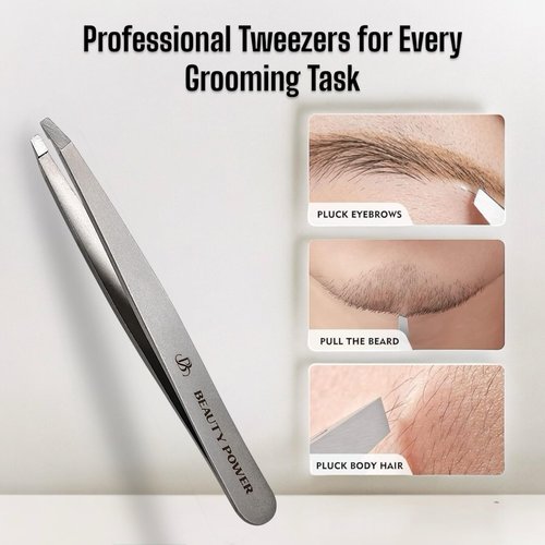 Beauty Power Ultra-Precision Professional Slant Tweezers for Women Facial Hair - German Stainless Steel, Lightweight Black Tweezers for Women & Men, Ideal for Eyebrow & Facial Grooming (Matte Gray)