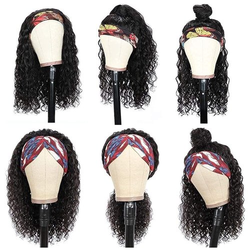 mmiQus Headband Wig Human Hair Water Wave None Lace Front Glueless Curly Wig With Pre-Attached Scarf For Black Women Put And Go Wig Natural Beginner-Friendly 14 Inch