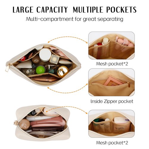 CLOUDWINGS Women Gifts | Initial Makeup Bag Set for Girl Personalized Gifts for Bridesmaid Friend Graduation Teachers PU Leather Cosmetic Travel Toiletry Bag(Beige,A)