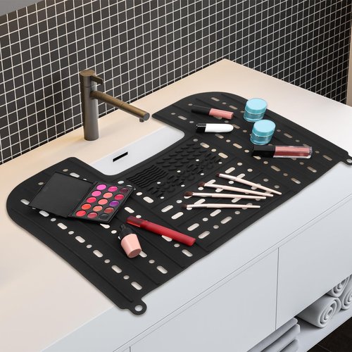 HOLIDYOYO Foldable Silicone Sink Cover Makeup Pad 21.65X16.92 Inches Bathroom Sink Organizer Mat with Drainage for Brush Cleaning and Drying
