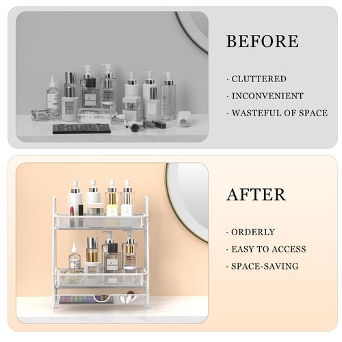 LEMIKKLE 2-Tier Bathroom Counter Organizer with Drawers, Multi-Purpose Makeup Organizer Countertop, Large Skincare Organizers, Exquisite Vanity Shelf
