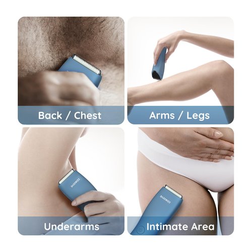BAREWIZE Body Hair & Pubic Hair Trimmer for Men & Women, Painless Electric Body & Bikini Shaver | Waterproof, Type-C Rechargeable, LED Light, Replaceable Blade, Manscape Personal Groomer (Denim Blue)