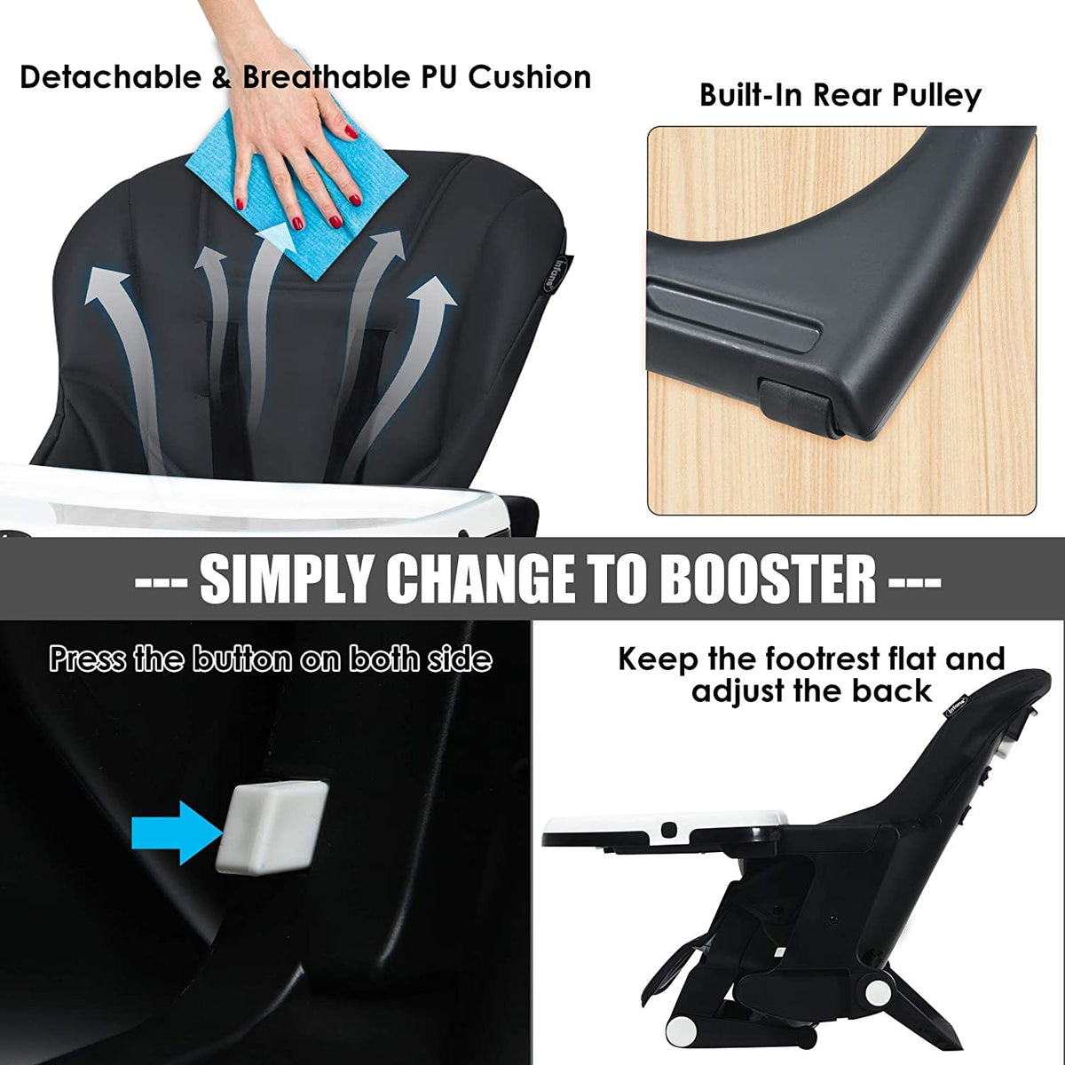 Costway 4-in-1 Baby High Chair Booster Seat Black with Adjustable Height & Recline