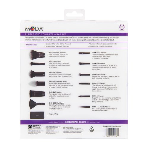 MODA Pro Full Face 13-Piece Purple Makeup Brush Kit – Professional Face & Eye Brush Set with Travel Wrap