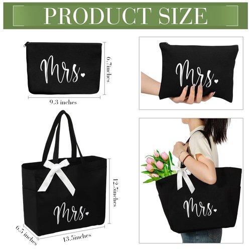Cunno Bride Tote Bag with Makeup Bag, MRS Polyester Set for Women, Large Black, Wedding Gifts