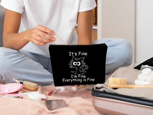 Funny Cute Cat Makeup Bag,Cat Lover Gifts For Women,Its Fine Im Fine Everythings Fine,Black Cat Cosmetic Bag Small Pouch,Birthday Gift,Coworker Gifts(Black)